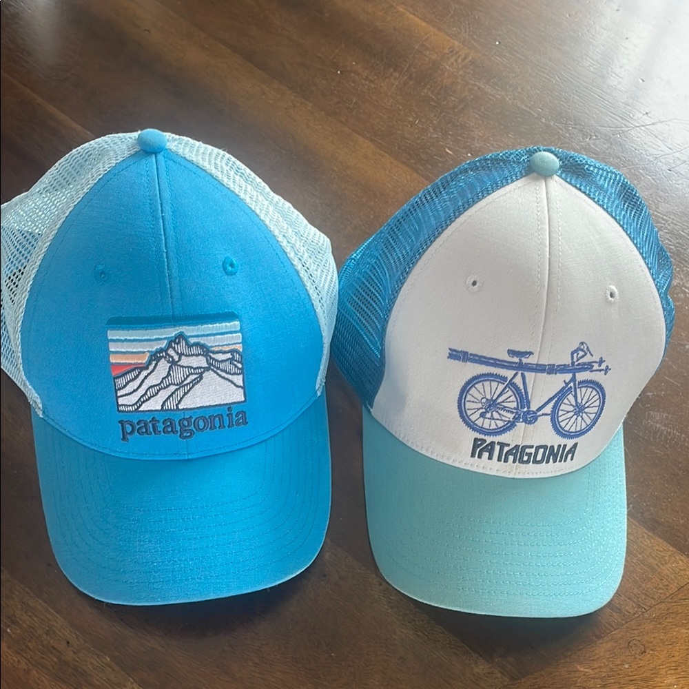 Patagonia Blue and White Trucker Hats with Outdoor Patch